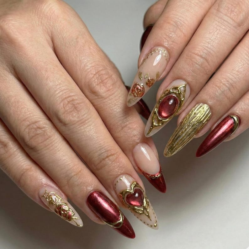 Press On Nails Adhesive Tabs – Nude Burgundy Gold Heart & Rose Chrome Long Stiletto
