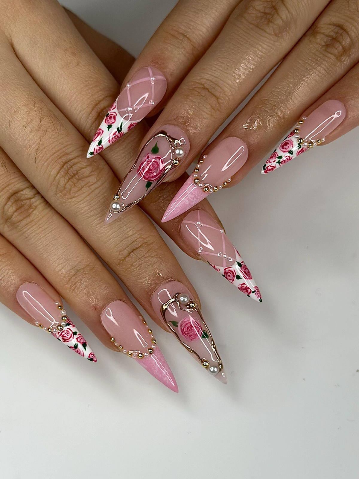 Vintage Rose Stiletto Press On Nails Pink Rose Bridal Nails for Women French Tip Floral