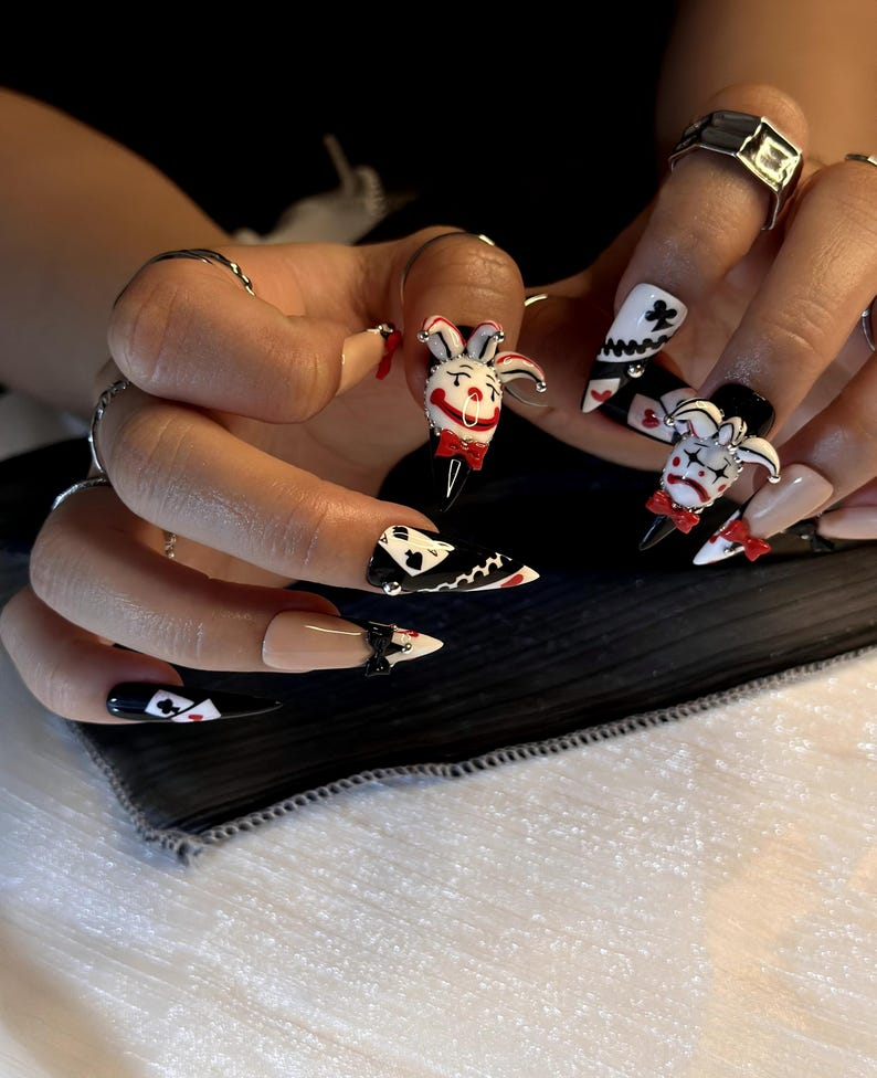 Harlequin Joker Halloween Press On Nails Black White Red Gothic Nail Art 3D Clown Accent Stiletto Nails Playing Card Inspired