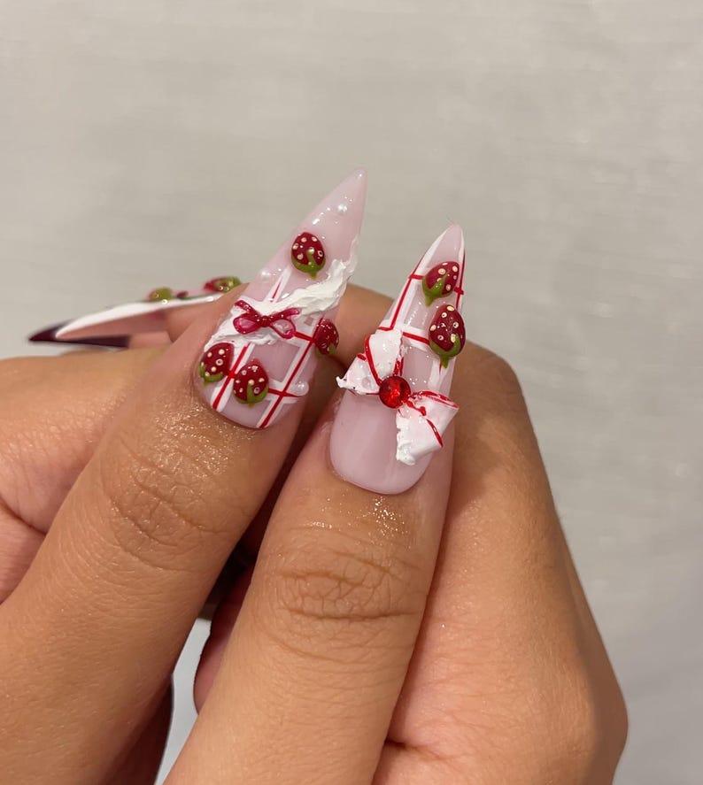 Strawberry  Press On Nails For Christmas  3D Strawberry & Whipped Cream Nail Art Cute Festive Press Ons| Sweet Winter Nail Design