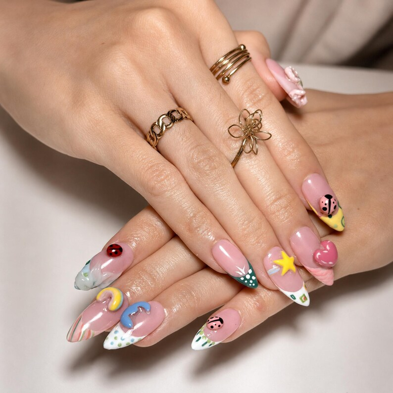 Cute 3D Ladybug Summer Press On Nails Almond • Tropical Pool Party Vibe • Rainbow Star