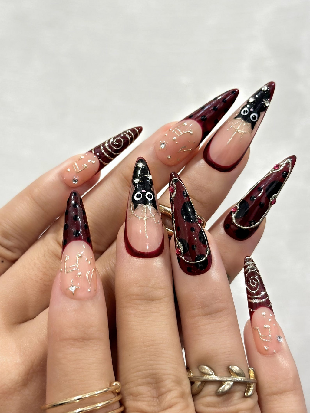 Gothic Ruby Witch Press On Nails Red Black Sorcery Nail Art 3D Ring Accents & Mystic Symbols Luxury Dark Glam Set