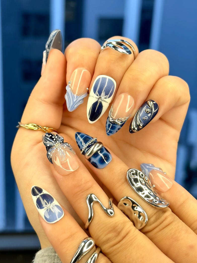Winter Midnight Spark Press On Nails Blue Chrome Nail Art Silver Star 3D Nails Elegant Winter Press Ons