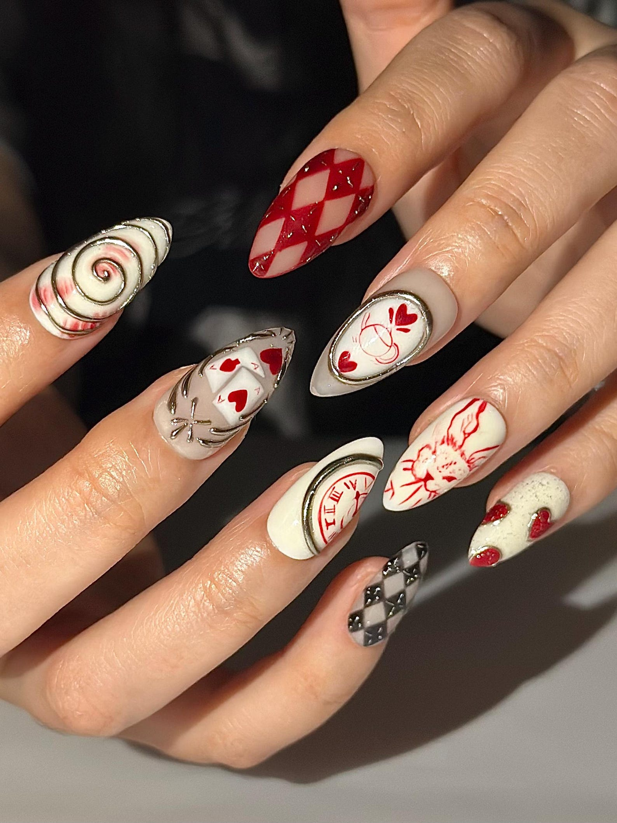 Alice Wonderland Easter Press On Nails Playing Card Heart Nails Red White Nails Fantasy