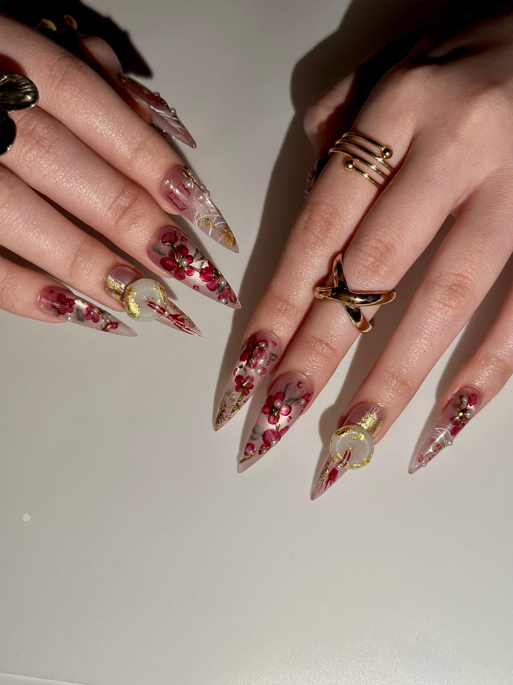 Handmade Cherry Blossom Press On Nails, Asian Inspired Luxury 3D Jade and Gold Leaf Nails