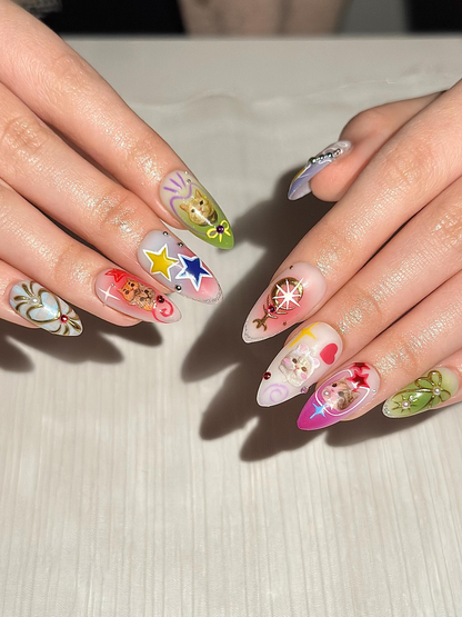 Kawaii Cat Press On Nails Y2K Cute Kitty Nails Colorful Nails Harajuku Pop Nail Art