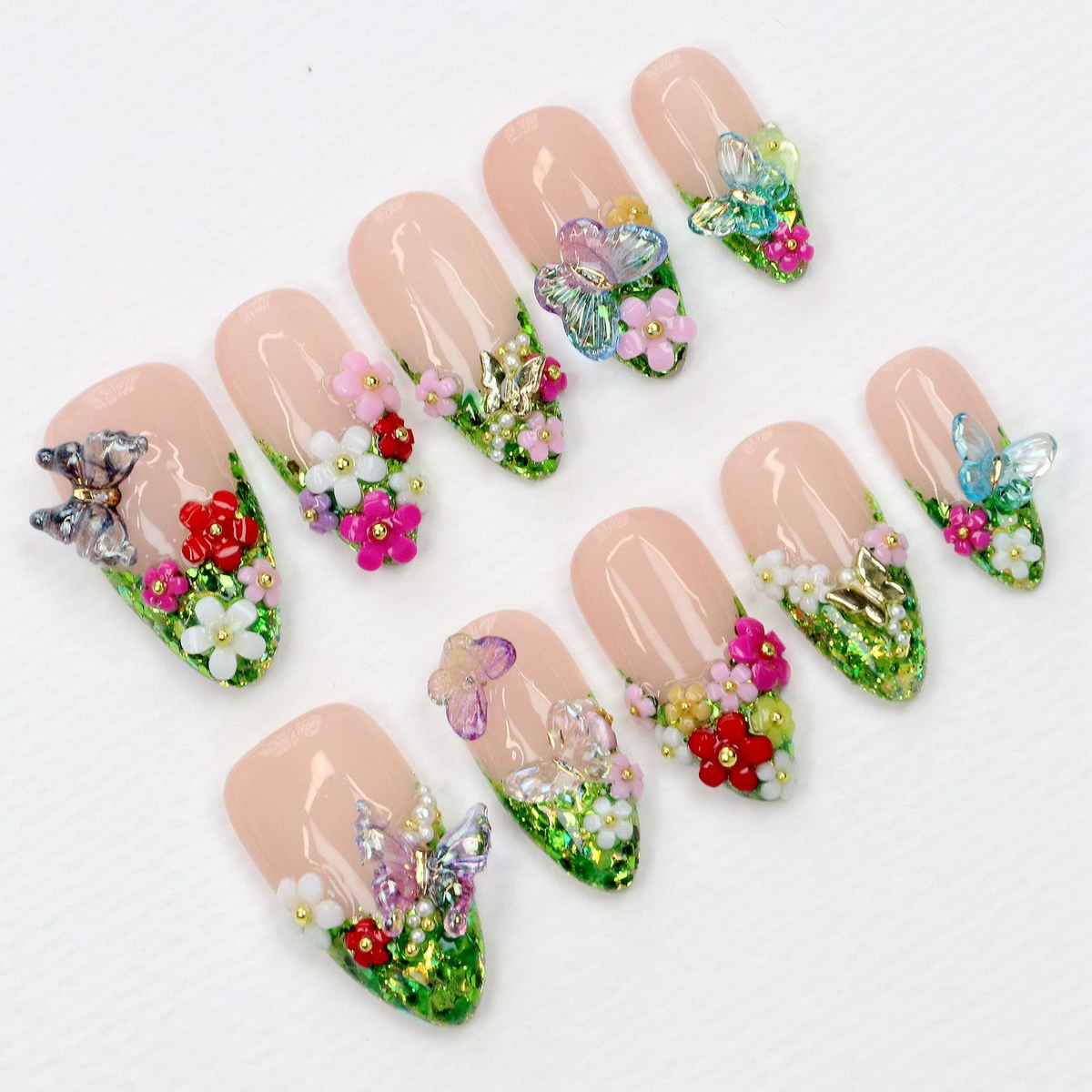 Green Glitter Press On Nails, Handcrafted Freestyle Forest-Inspired Secret Garden Nails