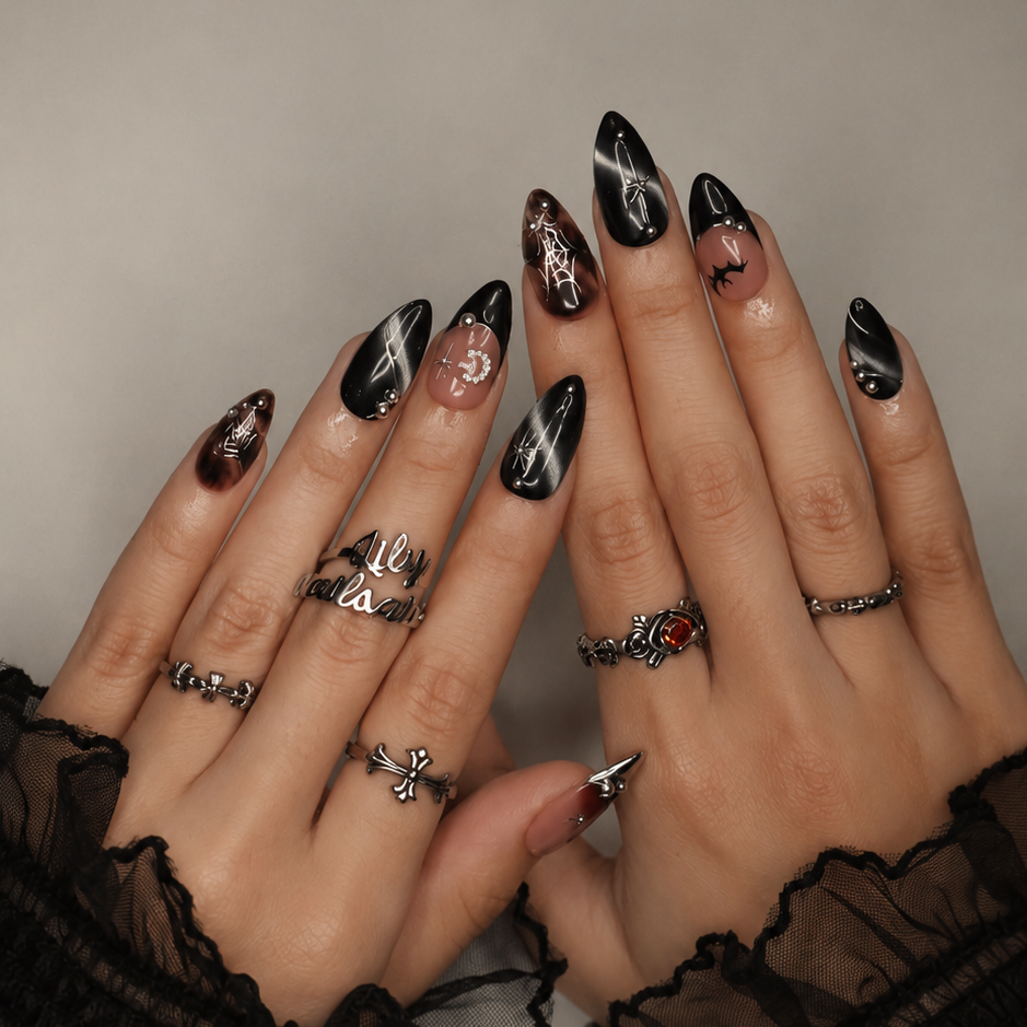 Batwing Black Handmade Reusable Press On Nails