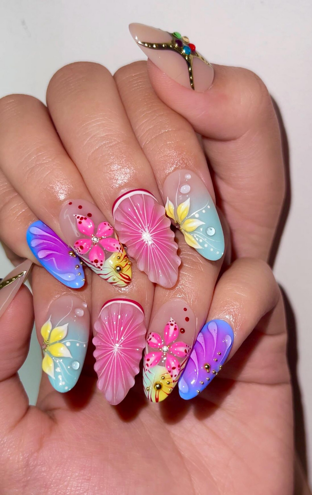 Tropical Bloom Press On Nails 3D Flower Summer Nails Colorful Citrus Slice Nails Hand