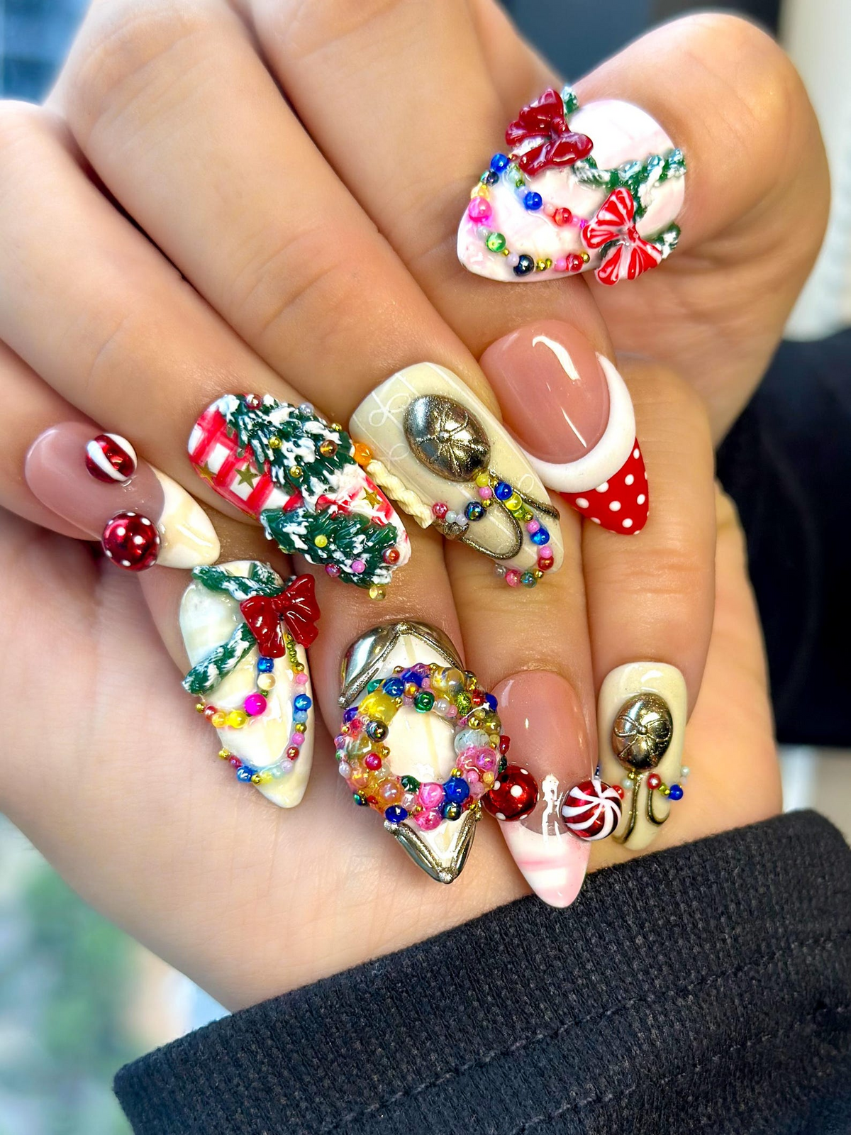Merry Knit Christmas Press On Nails, 3D Bow Christmas Nail Art, Green Red Holiday Press