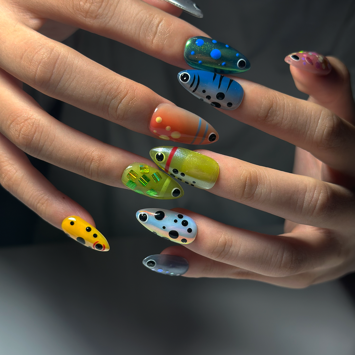 Summer Alien Eye Chrome Press On Nails, Summer Short Almond Abstract Nails, Beach Party