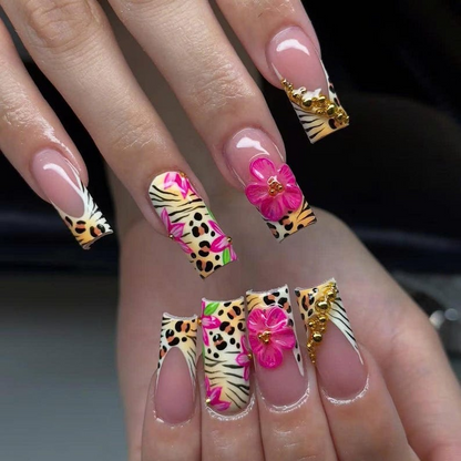 Leopard Floral Press On Nails Pink Flower Cheetah French Tips Nail Art Safari Press Ons Animal Print Fake nails Wild AnimalOB943YK