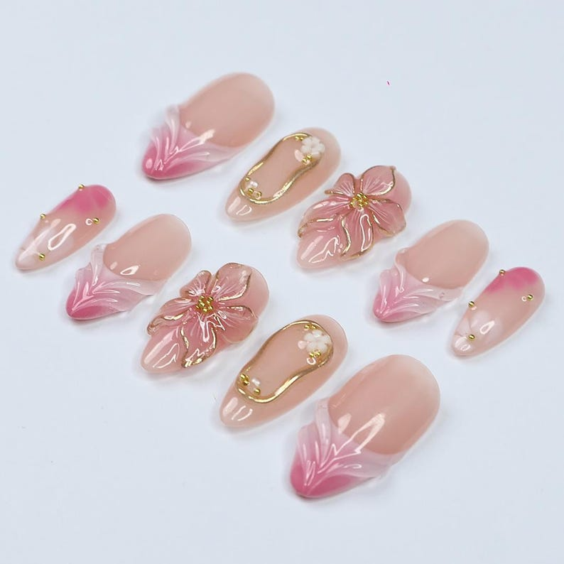 Blush Bloom Elegance Press On Nails with 3D Floral Accents, Gold Details & Pink Ombre