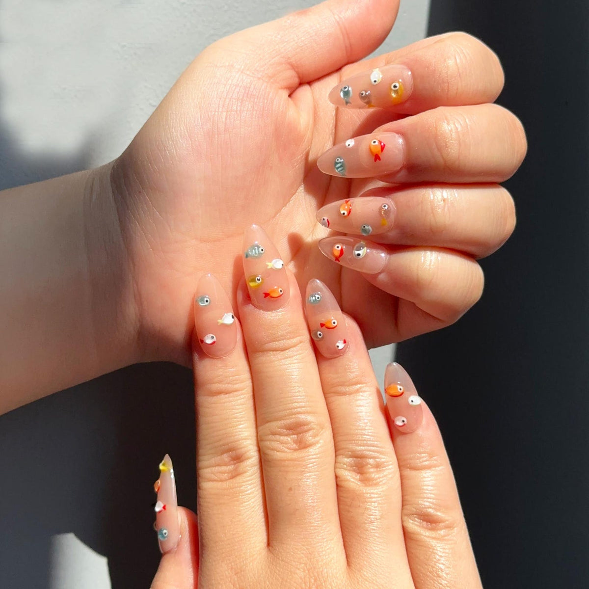 3D Fish Press On Nails, Cute Aquarium Almond Nails, Handpainted Ocean Jelly Fake Nails