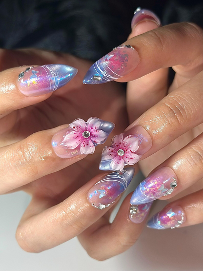 Aurora Galaxy Floral Press On Nails Iridescent Chrome Stiletto Nails 3D Sakura Flower