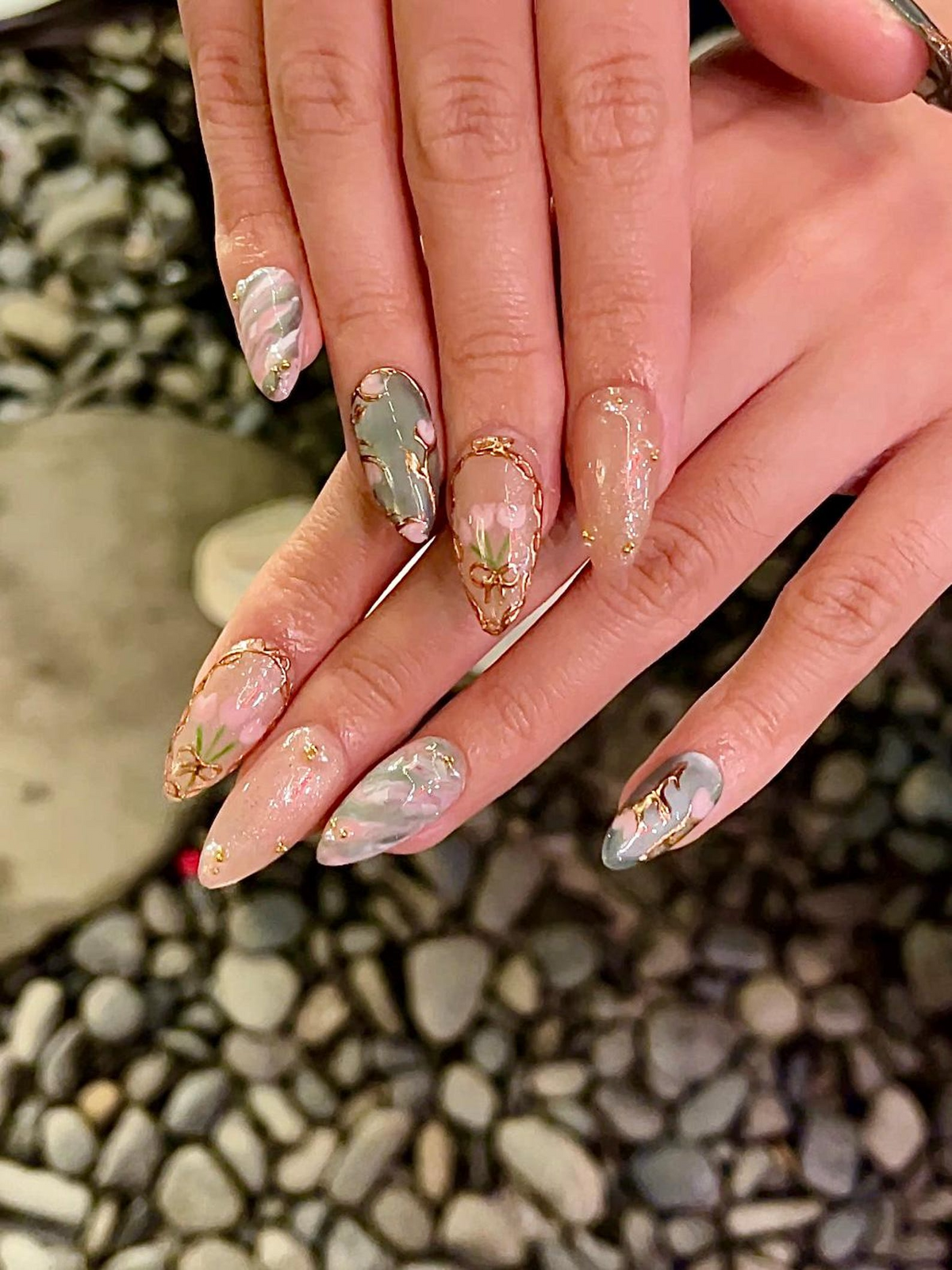 Vintage Tulip Press On Nails, Sage Green and Pink Marble Nails with Gold Rose Frame