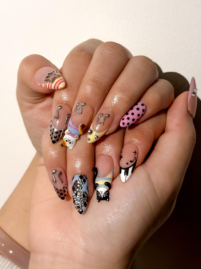 Polka Dot Cat Melody Press On Nails Cute Cat Nail Art for Music Lover Polka Dot Nude Nails