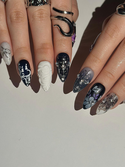 Gothic Violet Chrome Press On Nails Black Silver Luxury Nails 3D Baroque Floral Nails Dark