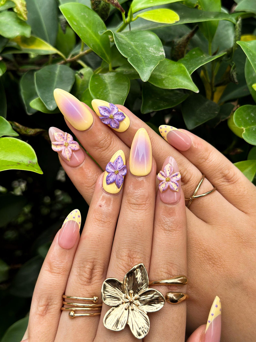 Pastel Sunset Bloom Press On Nails, 3D Purple Flower Nails, Yellow Ombre Nails, Soft