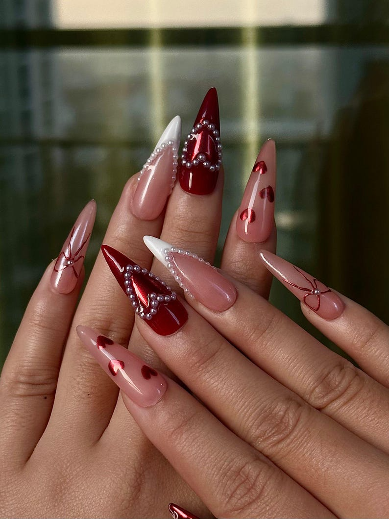 Red Burgundy Valentine Press Ons
