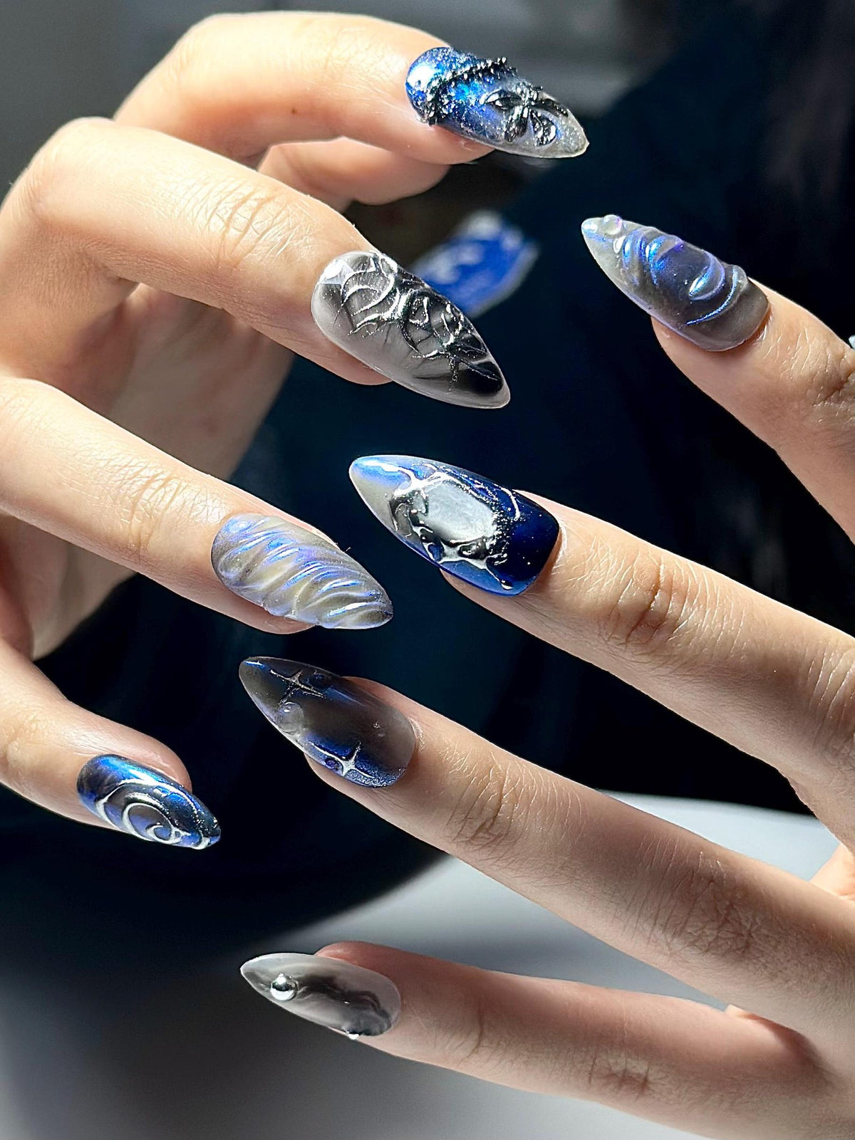Galaxy Gothic Press On Nails Dark Blue Chrome Cat Eye Nails Celestial Star Night Nail