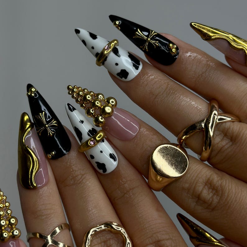 Gothic Cow Glam Press On Nails Black & White Cow Print Stiletto Nails Gold 3D Metal Accents Spider Charm Nail Art