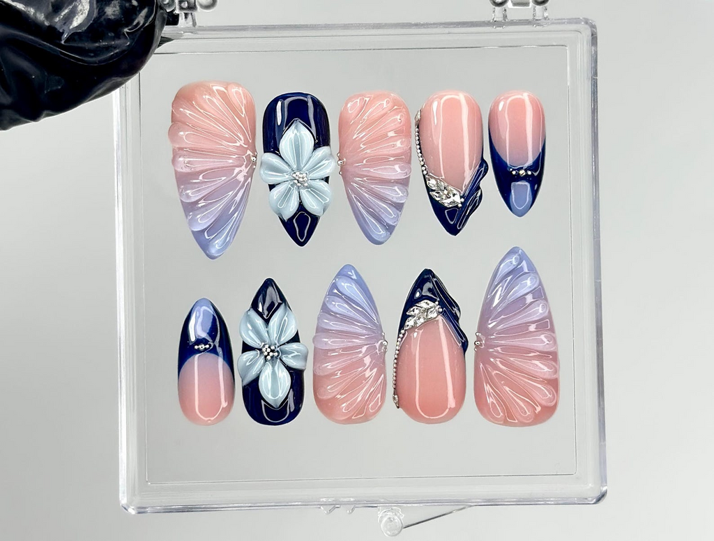 Midnight Blossom Spring Press On Nails Navy Floral Ombré Nail Art Luxury Floral Blue Nails Set Elegant Blush Ombre Nails