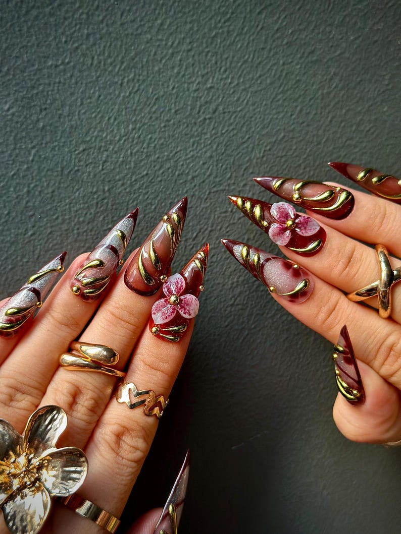 Fall Orchid Press On Nails, Burgundy Floral Nail Art, Luxury Handmade Long Nails, Stiletto