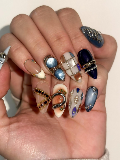 Luxury Blue Silver Press On Nails Nude Gilded Ring Nail Art Nude & Steel Statement Nails