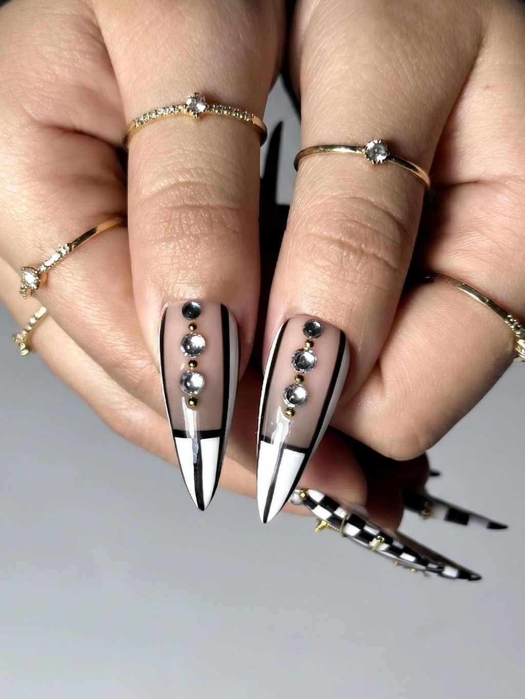 Black & White Gothic Press On Nails Luxury Girl Stiletto Nail Art Gold Accent Checker