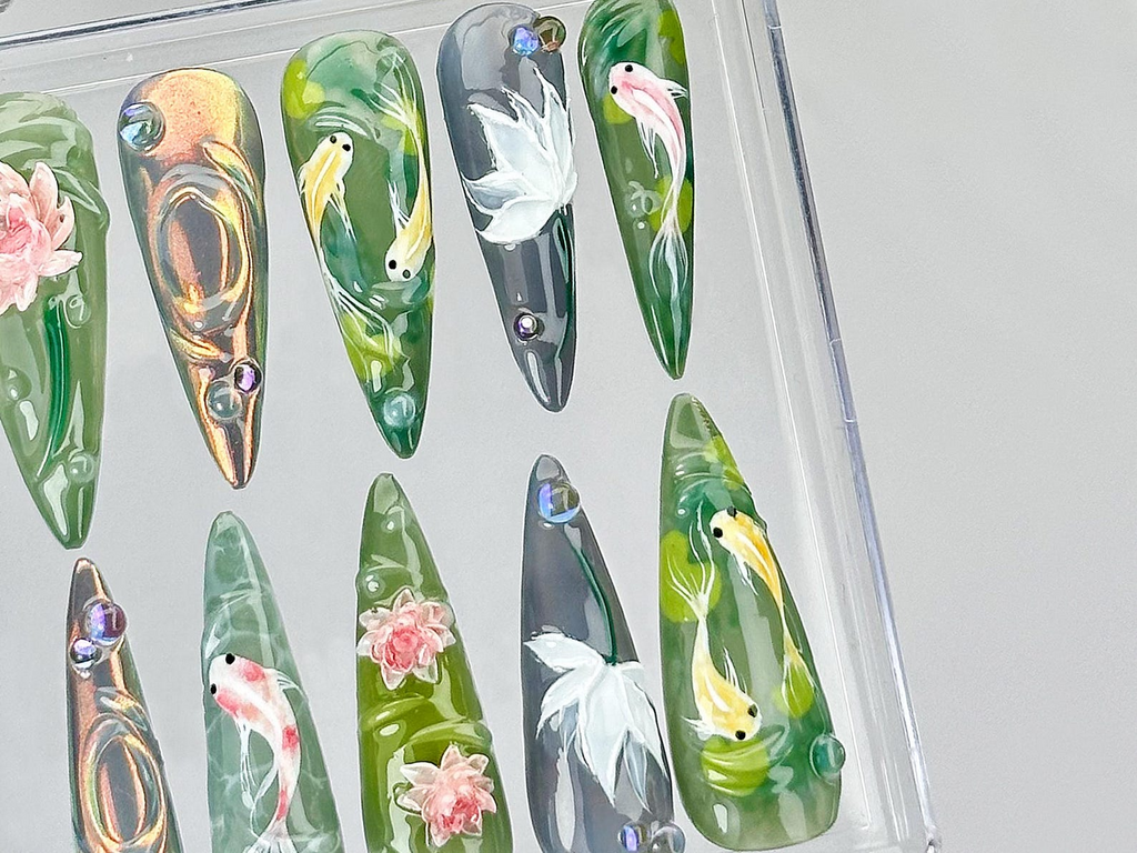 Koi Fish Nail Art by DoryNails Japanese Pond Acrylic Nails Water Garden Nail Art Zen Inspired Fake Nails Nature Aesthetic