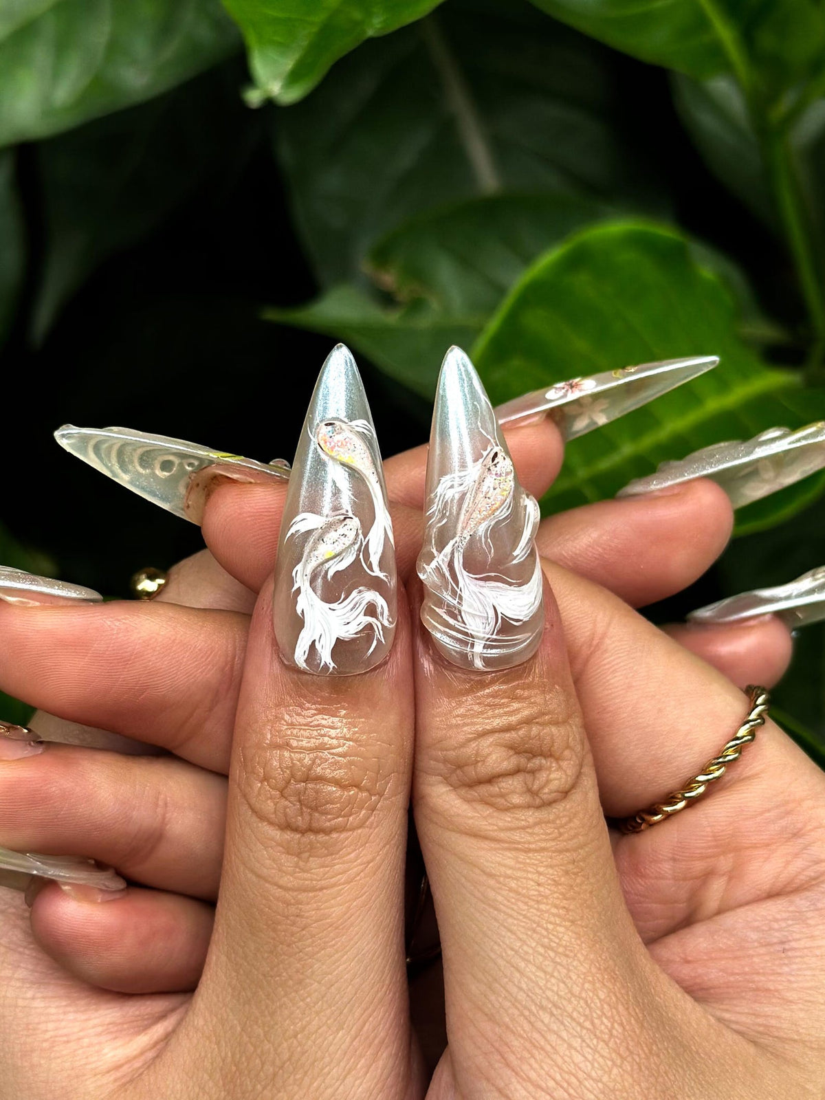 Ethereal Floral Press On Nails, Pearl Chrome Stiletto Nails, 3D White Flower Nails, Luxury