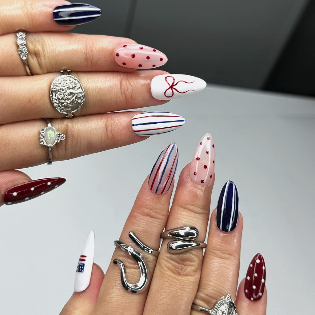 4th of July Press On Nails, Red White Blue Coquette Nails, Patriotic Almond Nails, USA