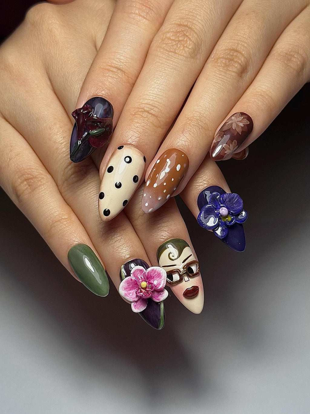 Vintage Doll Face Press On Nails, Abstract Portrait Nail Art, 3D Orchid Nails, Indie