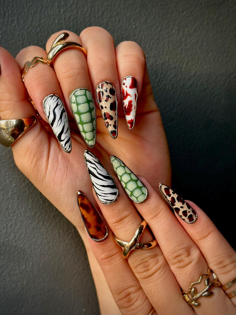 Luxe Leopard Press On Nails Zebra, Leopard & Croc Nail Art Handmade Safari-Inspired Press Ons Mixed Animal Print Nails