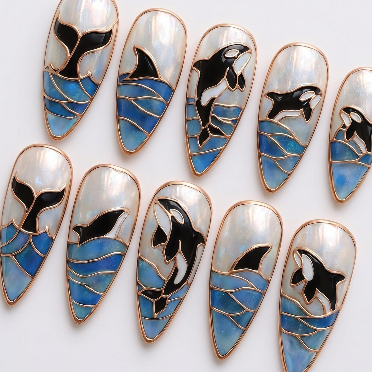 Ocean Press On Nails Summer, Shark and Orca Nail Art Handmade Marine Life Nails Coastal