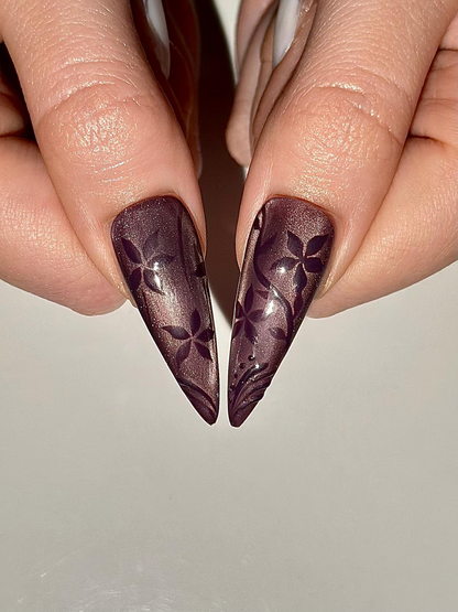 Dark Purple Cat Eye Press On Nails, Mystic Floral French Tip Nails, Ethereal Smoky