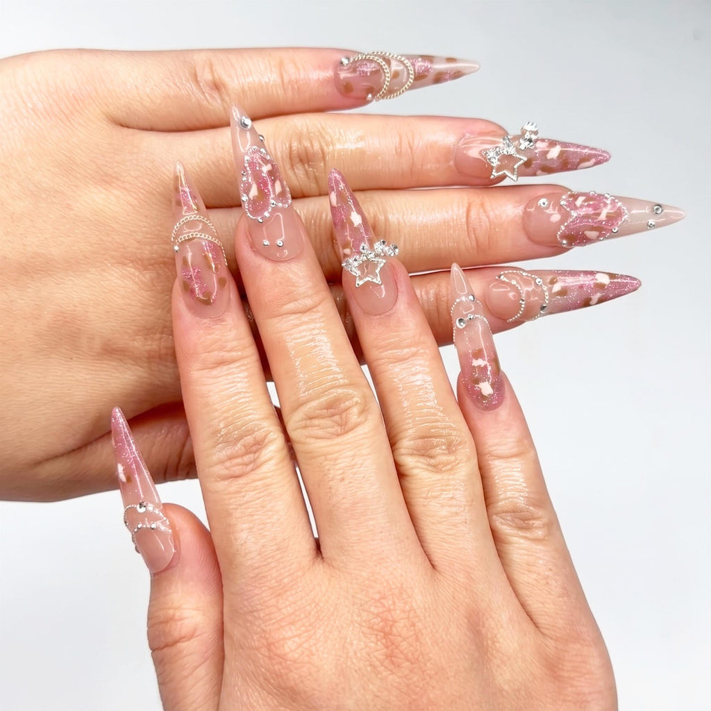 Leopard Print Press On Nails, Luxury Gyaru Y2K Stiletto Nails, Silver Star Chain Heart