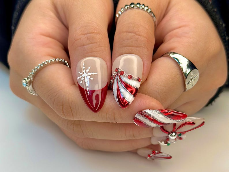 Christmas Candy Cane Press On Nails by DoryNails Red Chrome Bow & Snowflake Nail Art Holiday Party Nails Gift for Her