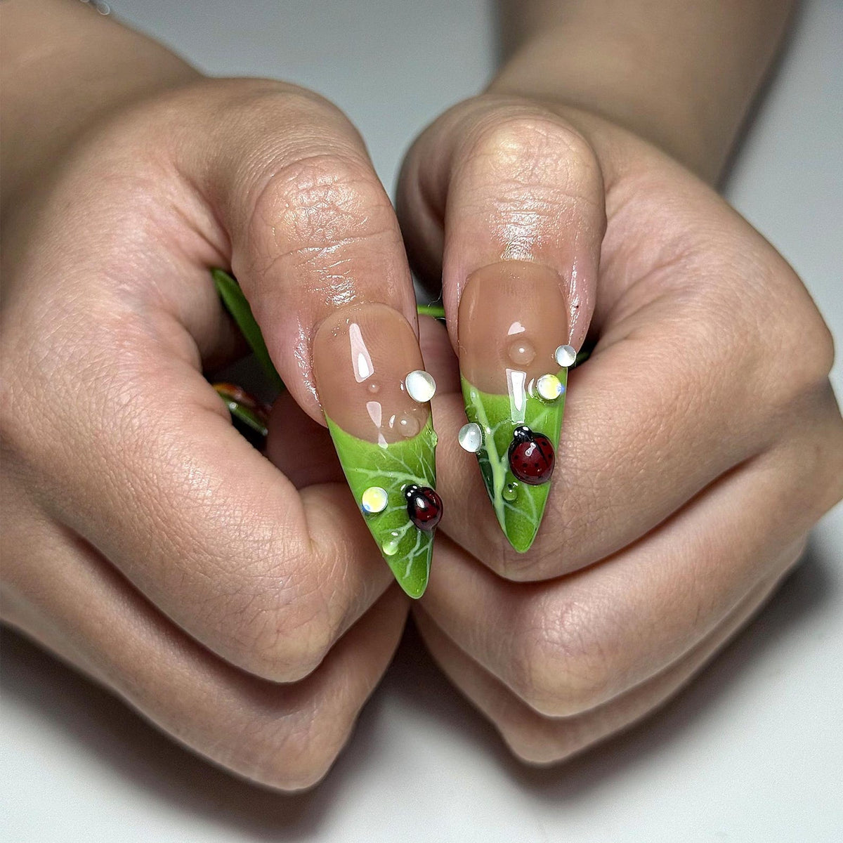 Green Floral Press On Nails with Ladybug and Pearl 3D Nature Nails in Long Almond Handmade