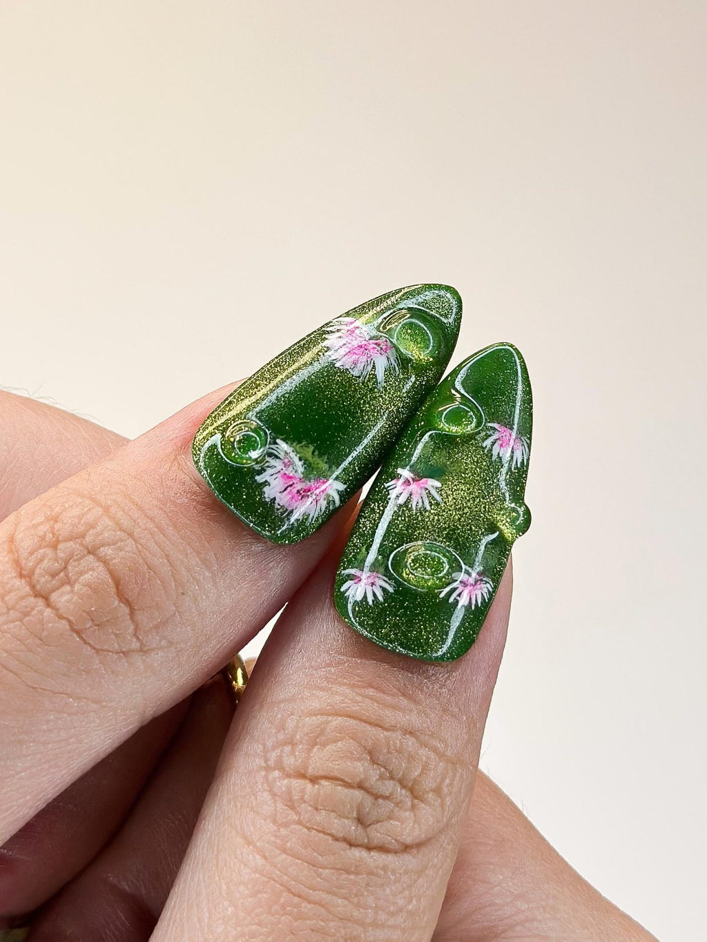 3D Koi Pond & Pink Lotus Press On Nails, Zen Garden Art, Luxury Moss Green Shimmer