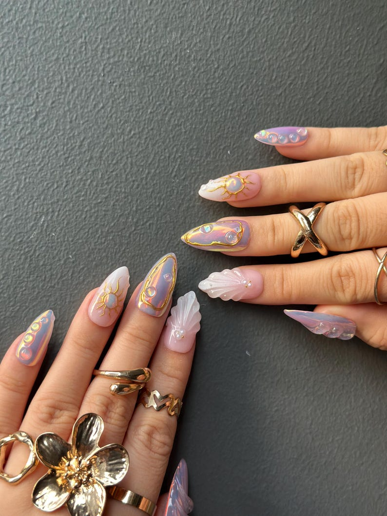 Iridescent Sunshine Press On Nails Golden Sun Nail Art Sunshine & Waves with Gold Accents Handmade Unique Nail Set