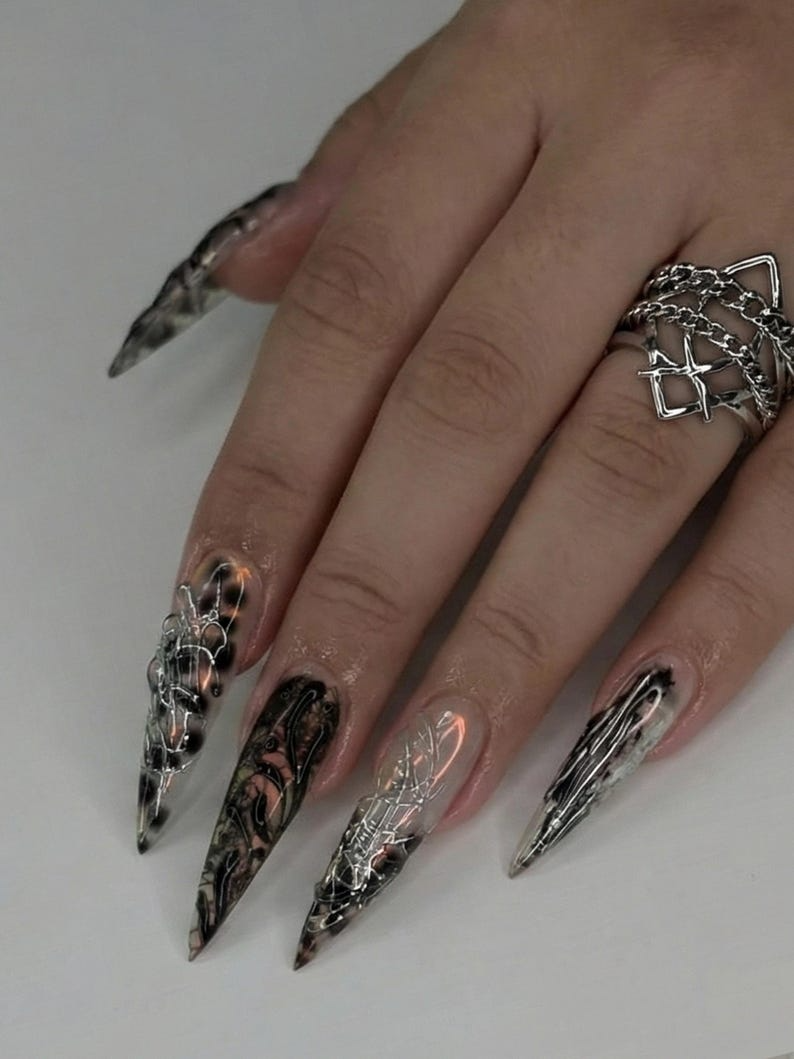 Press On Nails Adhesive Tabs – Black Silver Chrome Abstract Art Long Stiletto Handmade