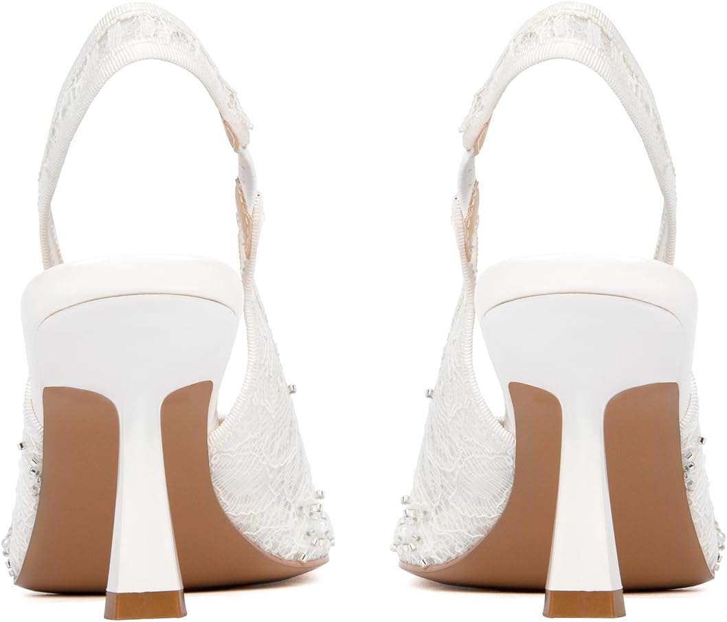 Slingback Wedding Heels for Women Bridal Lace Mesh Kitten Heel Closed Pointed Toe Pearl Pumps Shoes