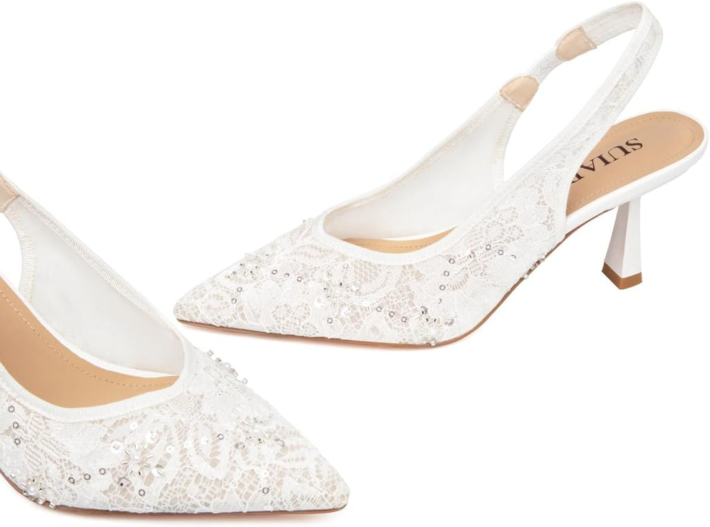 Slingback Wedding Heels for Women Bridal Lace Mesh Kitten Heel Closed Pointed Toe Pearl Pumps Shoes