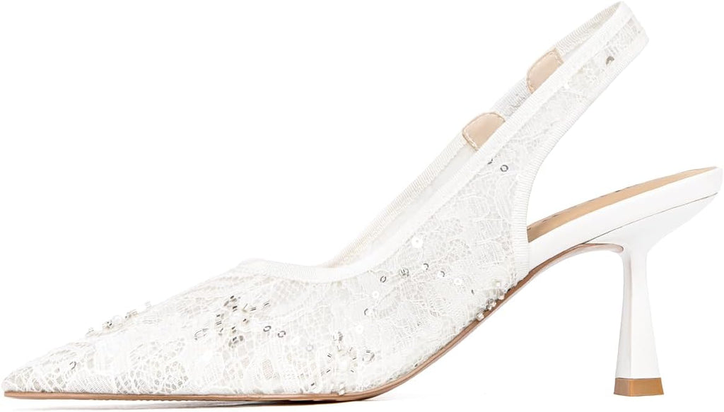 Slingback Wedding Heels for Women Bridal Lace Mesh Kitten Heel Closed Pointed Toe Pearl Pumps Shoes
