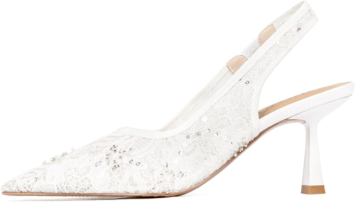 Slingback Wedding Heels for Women Bridal Lace Mesh Kitten Heel Closed Pointed Toe Pearl Pumps Shoes
