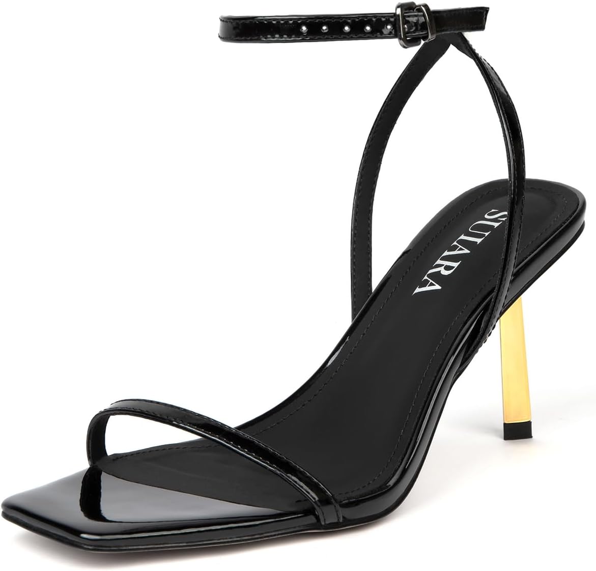 SUIARA Women's Slingback Pumps Stiletto Heel Open Toe Buckle Dress Shoes Black Patent