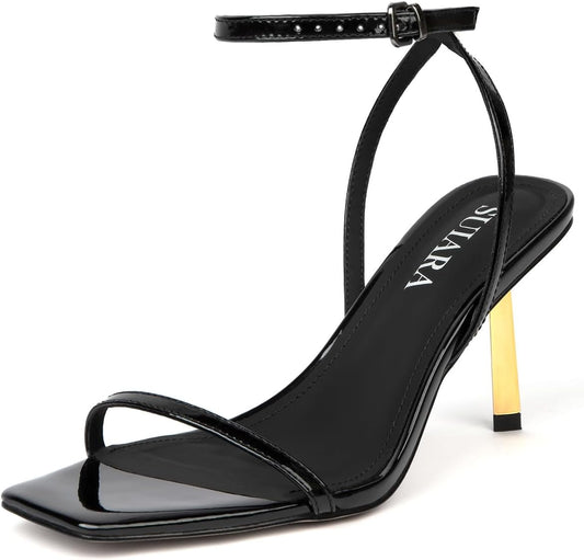 SUIARA Women's Slingback Pumps Stiletto Heel Open Toe Buckle Dress Shoes Black Patent