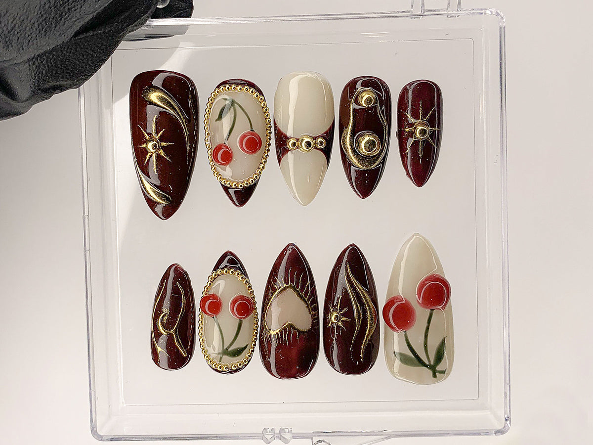 Luxury Red Cherry Press On Nails, Vibrant Luxurious Hand-Painted Star, Bow Acrylic Nail